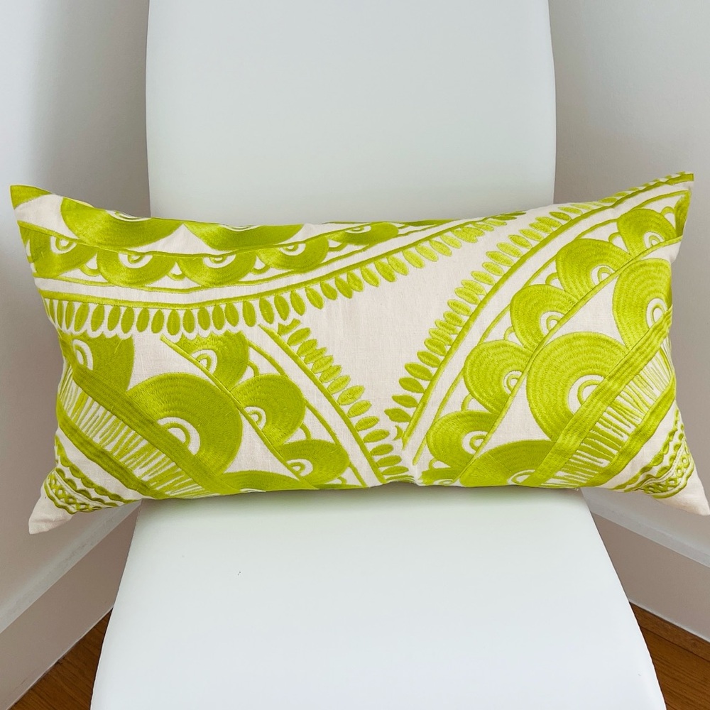 Trina Turk Lime Green and Cream Embroidered Accent Pillow
